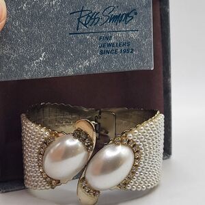 Ross Simons New in Box Vintage Pearls & Rhinestones Clamper Cuff Bracelet Hinged